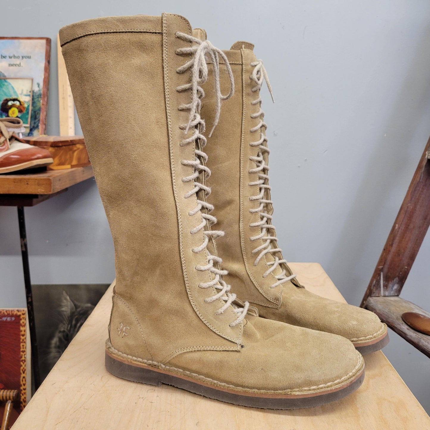 vtg 90s FRYE SUEDE BOOTS// vintage size 10 womens leather uggs style knee high lace up moccasin style hippie autumn winter fashion calf high