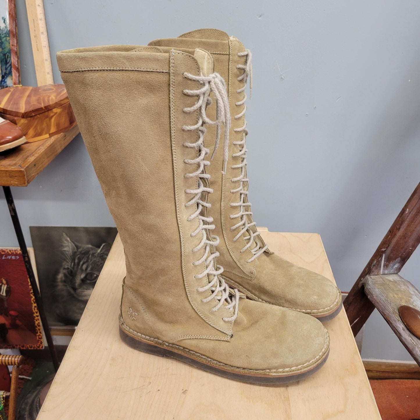 vtg 90s FRYE SUEDE BOOTS// vintage size 10 womens leather uggs style knee high lace up moccasin style hippie autumn winter fashion calf high