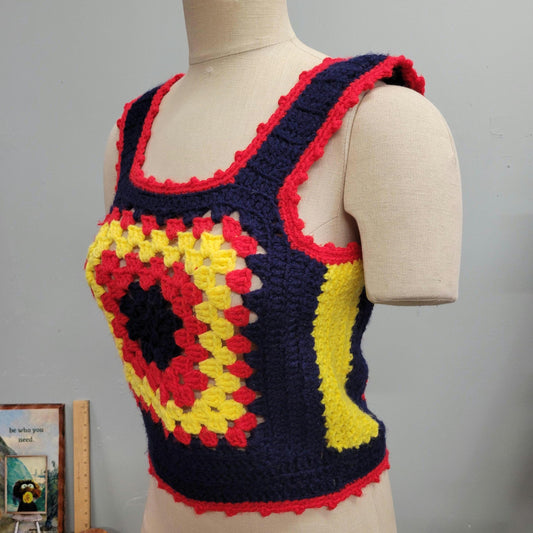 vtg 70s CROCHET TANK TOP // vintage knit granny squares womens small retro tank vest hippie boho cottage mod style primary colors handmade