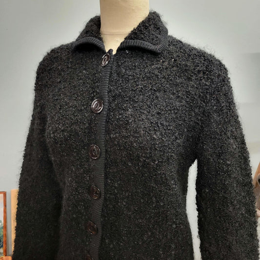 vtg 60s BLACK SHAGGY CARDIGAN // vintage peck & peck fifth avenue new york medium collared mohair minimalist fitted cropped curly knit top