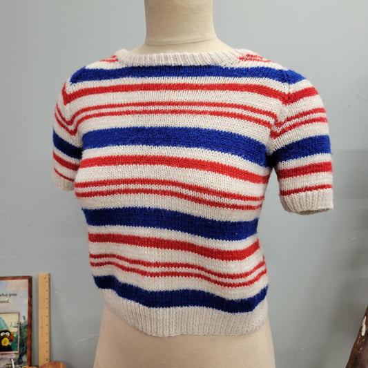 vtg 70s STRIPED KNIT TOP // vintage hand made by grandma small tshirt sweater crochet mod style cropped sweater short sleeves retro cute fit