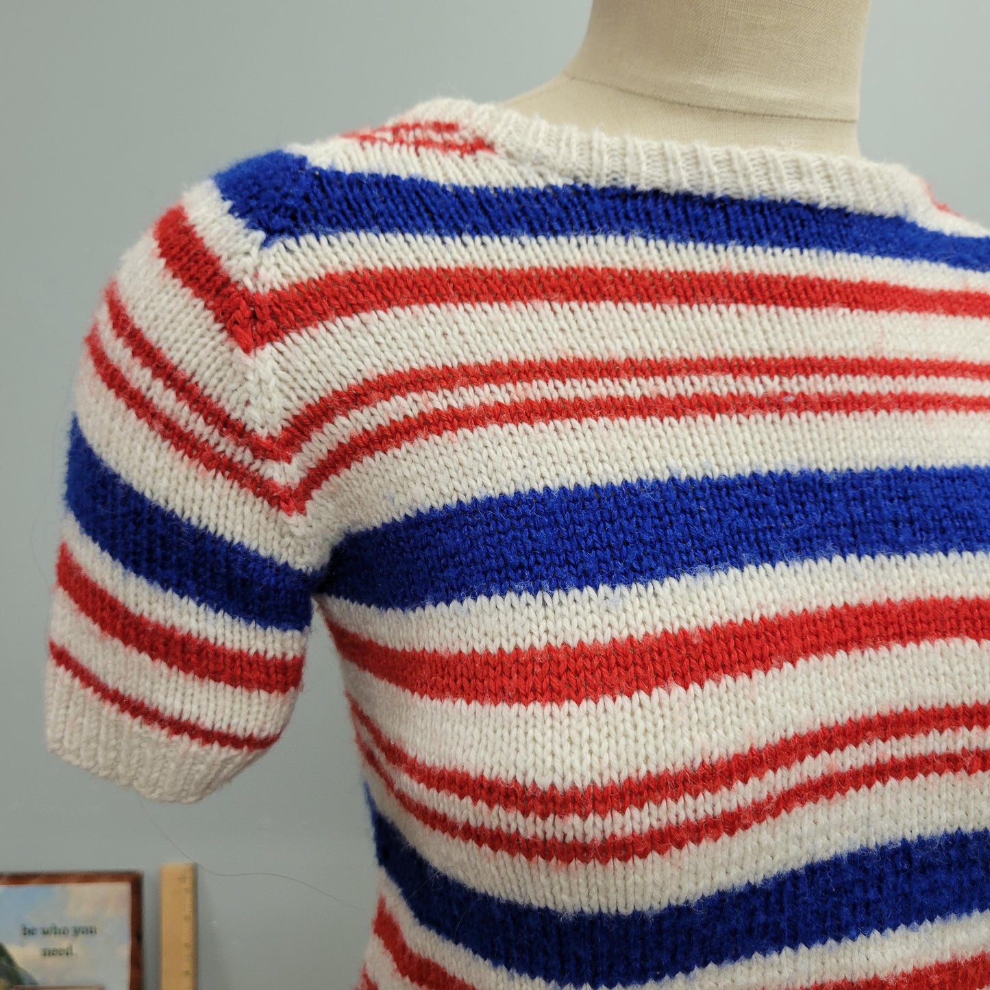 vtg 70s STRIPED KNIT TOP // vintage hand made by grandma small tshirt sweater crochet mod style cropped sweater short sleeves retro cute fit