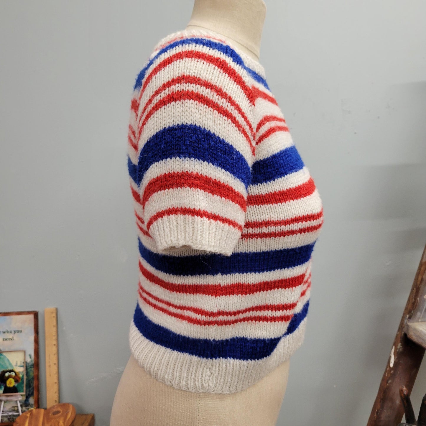 vtg 70s STRIPED KNIT TOP // vintage hand made by grandma small tshirt sweater crochet mod style cropped sweater short sleeves retro cute fit