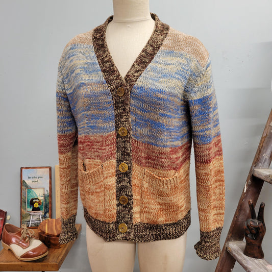 vtg 70s SPACE DYE CARDIGAN // vintage primstyle large womens button up sweater multicolor ombre heathered hippie retro boho earth tones fall