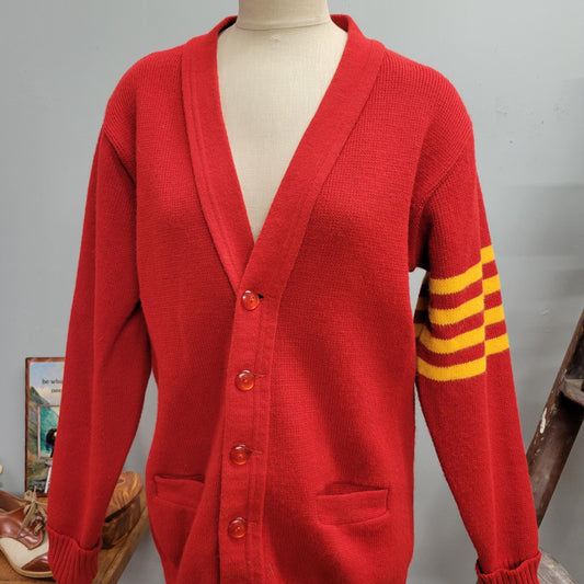 vtg 70s YELLOW STRIPED CARDIGAN // vintage sweater east tenn 40 v neck varsity award jacket retro mcdonalds vibes autumn preppy mod fashion
