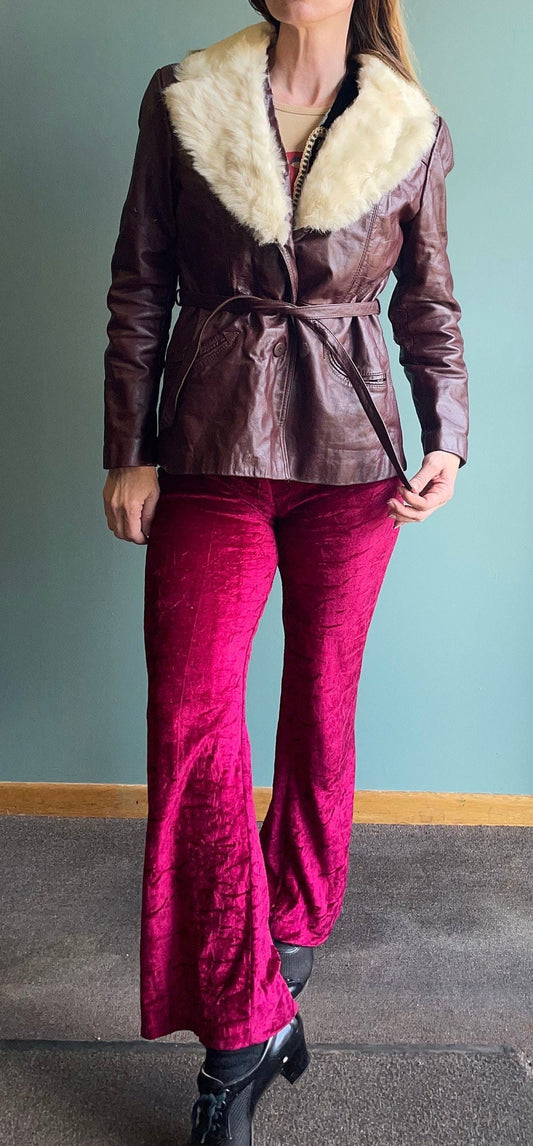 vtg 70s OXBLOOD LEATHER JACKET // vintage womens medium white fur trim jacket belted burgundy car jacket glam hippie disco stroller pockets