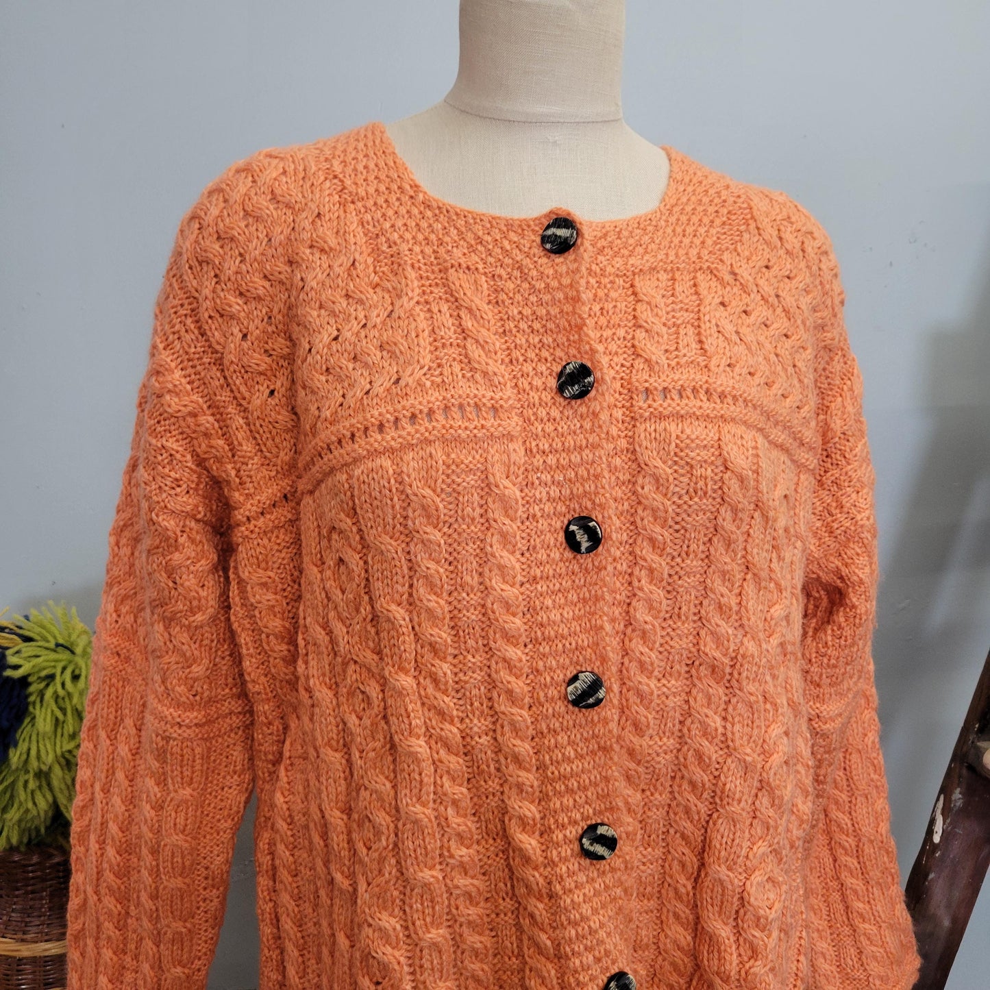 vtg 80s CABLE KNIT SWEATER // vintage merino wool carraig donn large womens peachy orange button up cardigan irish fisherman thick knit top