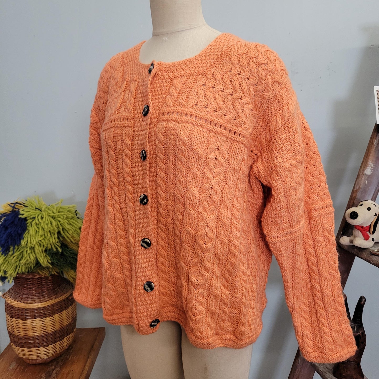 vtg 80s CABLE KNIT SWEATER // vintage merino wool carraig donn large womens peachy orange button up cardigan irish fisherman thick knit top