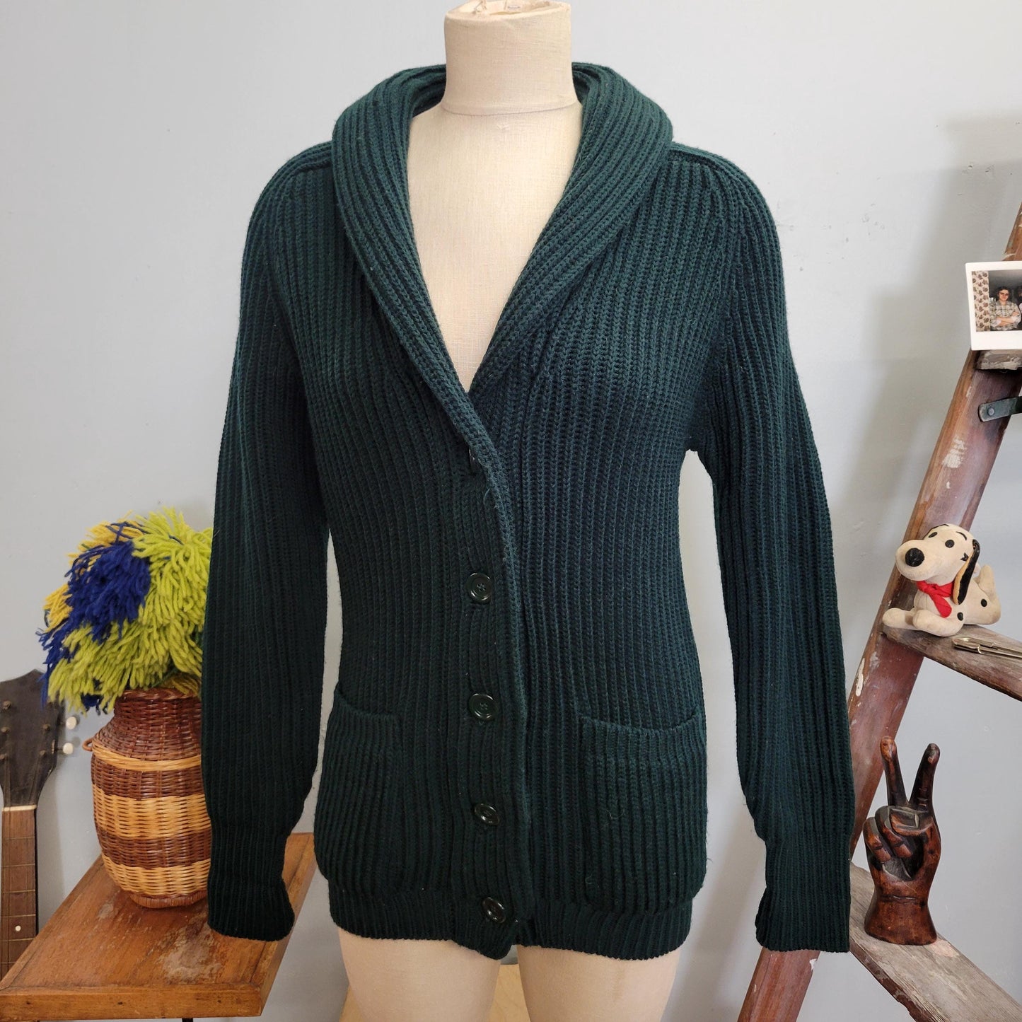 vtg 70s GREEN SHAWL COLLAR Cardigan // vintage sears sweater small dark emerald thick chunky knit fall winter style sexy professor v neck