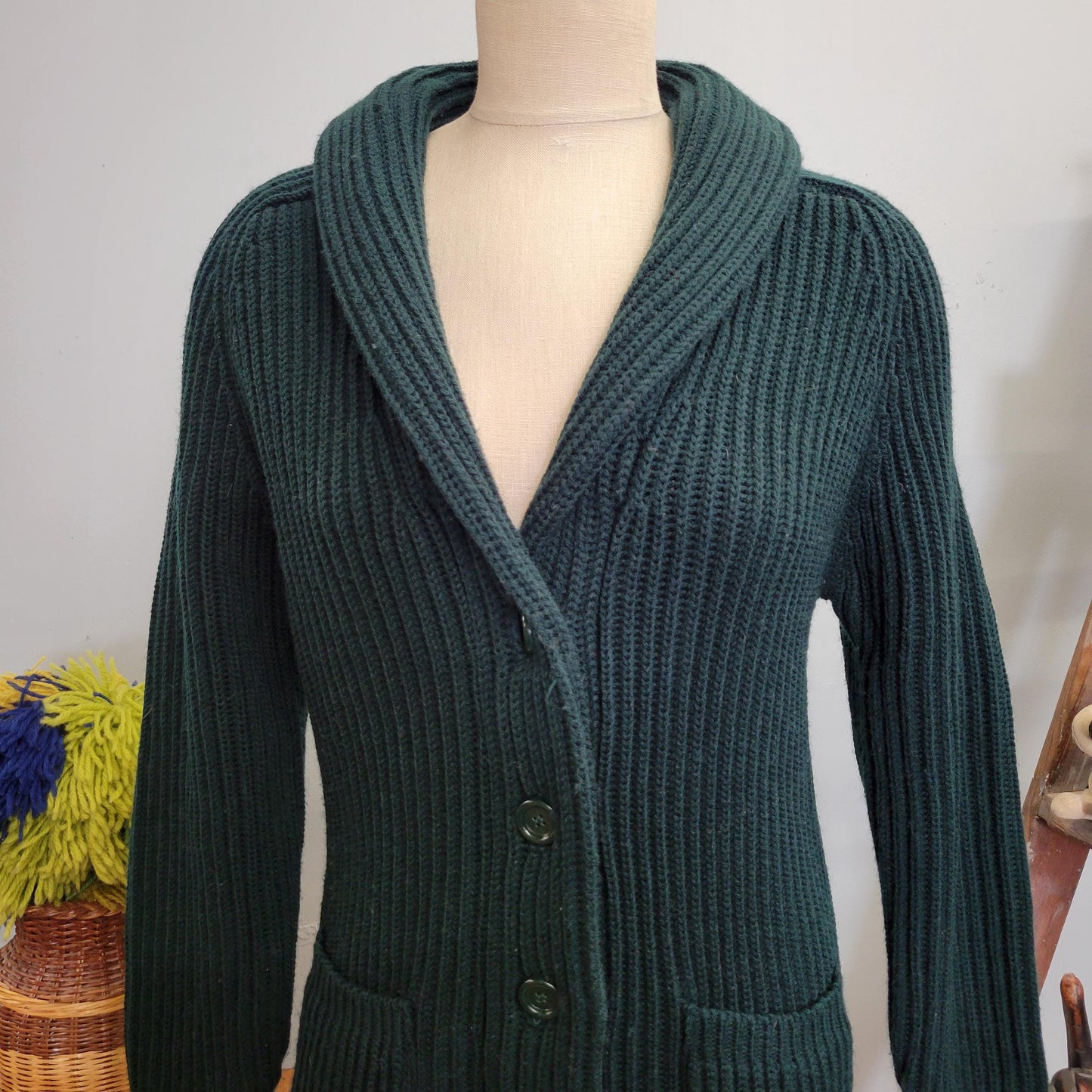 vtg 70s GREEN SHAWL COLLAR Cardigan // vintage sears sweater small dark emerald thick chunky knit fall winter style sexy professor v neck