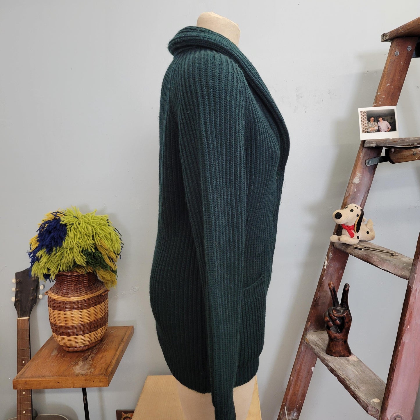vtg 70s GREEN SHAWL COLLAR Cardigan // vintage sears sweater small dark emerald thick chunky knit fall winter style sexy professor v neck