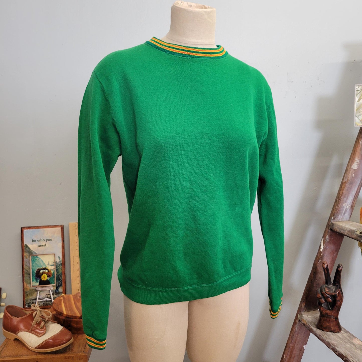 vtg 70s GREEN STRIPED SWEATSHIRT // vintage mens large retro orlon thick crewneck kurt cobain mod grunge sweater autumn casual fall style