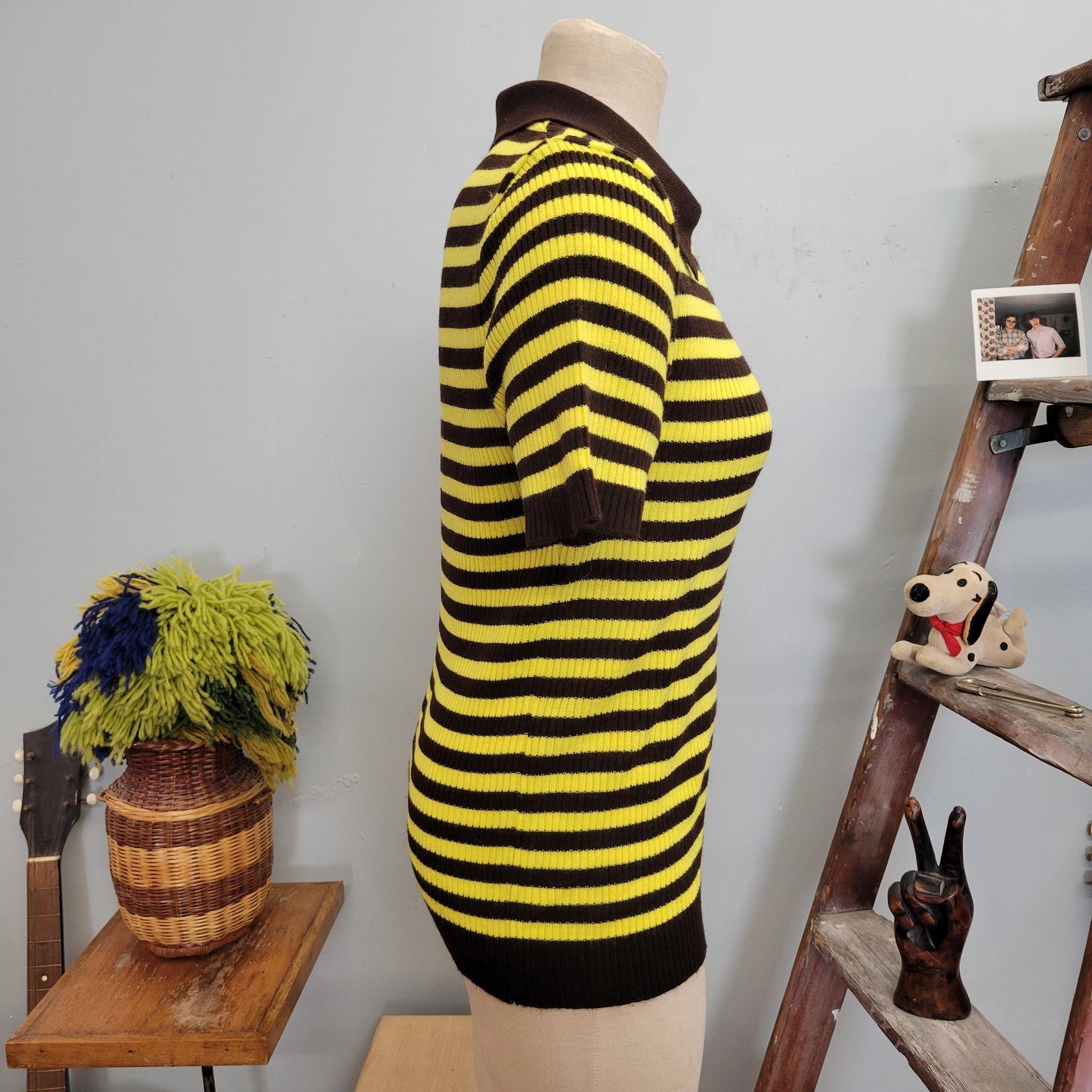 vtg 70s STRIPED SWEATER TOP // vintage revere sportswear large retro pointy collar brown yellow mod hippie ribbed striped cute autumn fit