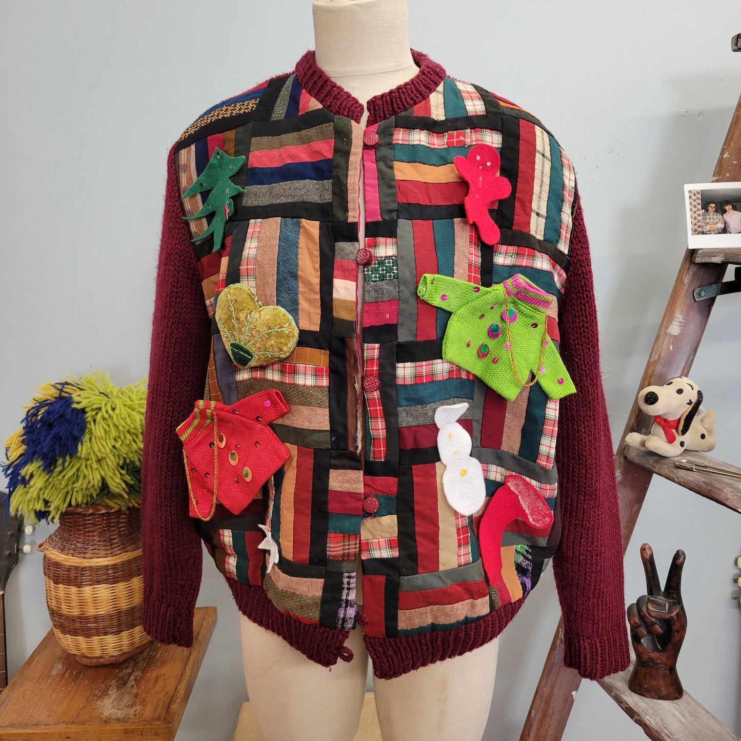 vtg 70s HANDMADE HOLIDAY SWEATER // vintage large patchwork blanket cardigan original by darlene noerenberg large button up ugly xmas granny