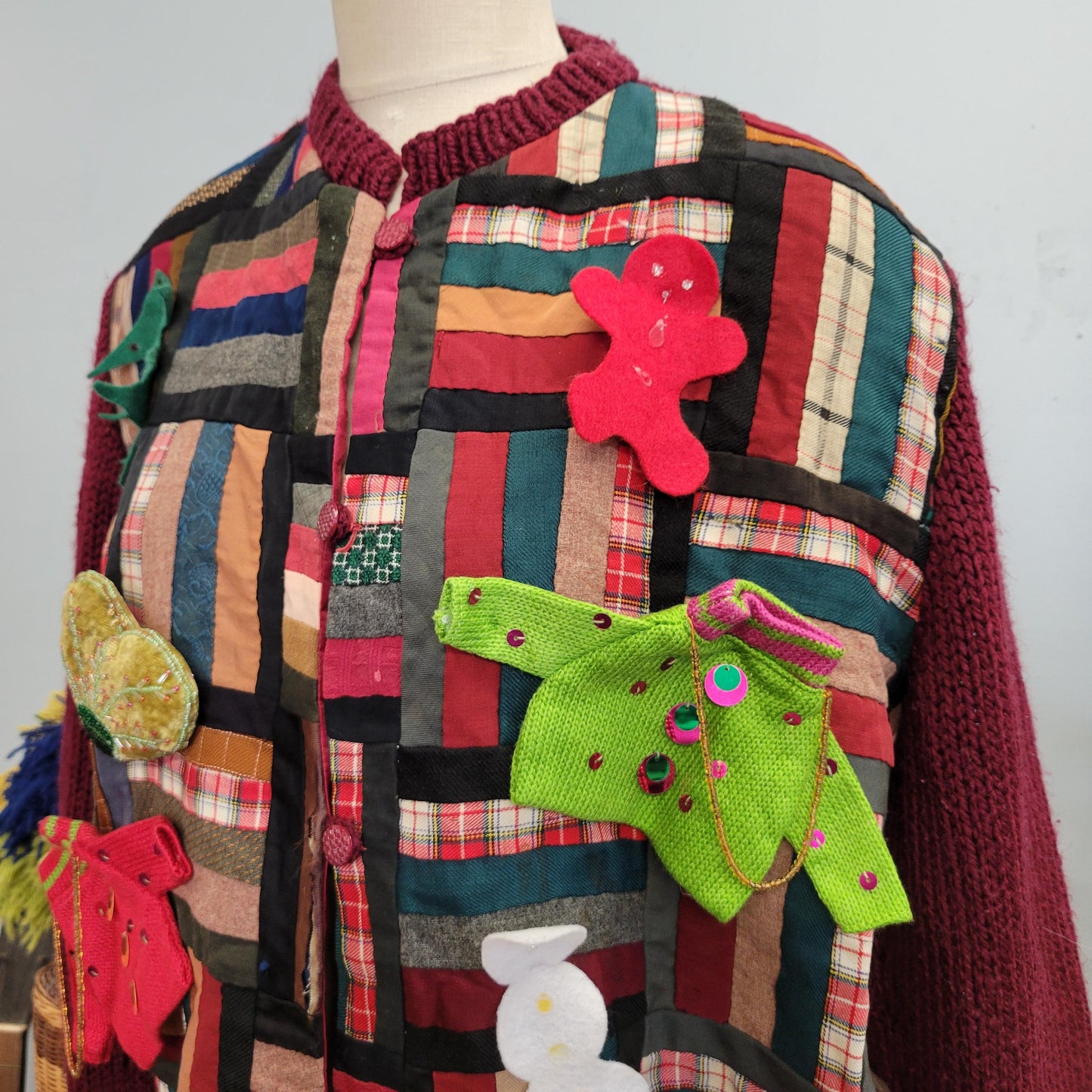 vtg 70s HANDMADE HOLIDAY SWEATER // vintage large patchwork blanket cardigan original by darlene noerenberg large button up ugly xmas granny