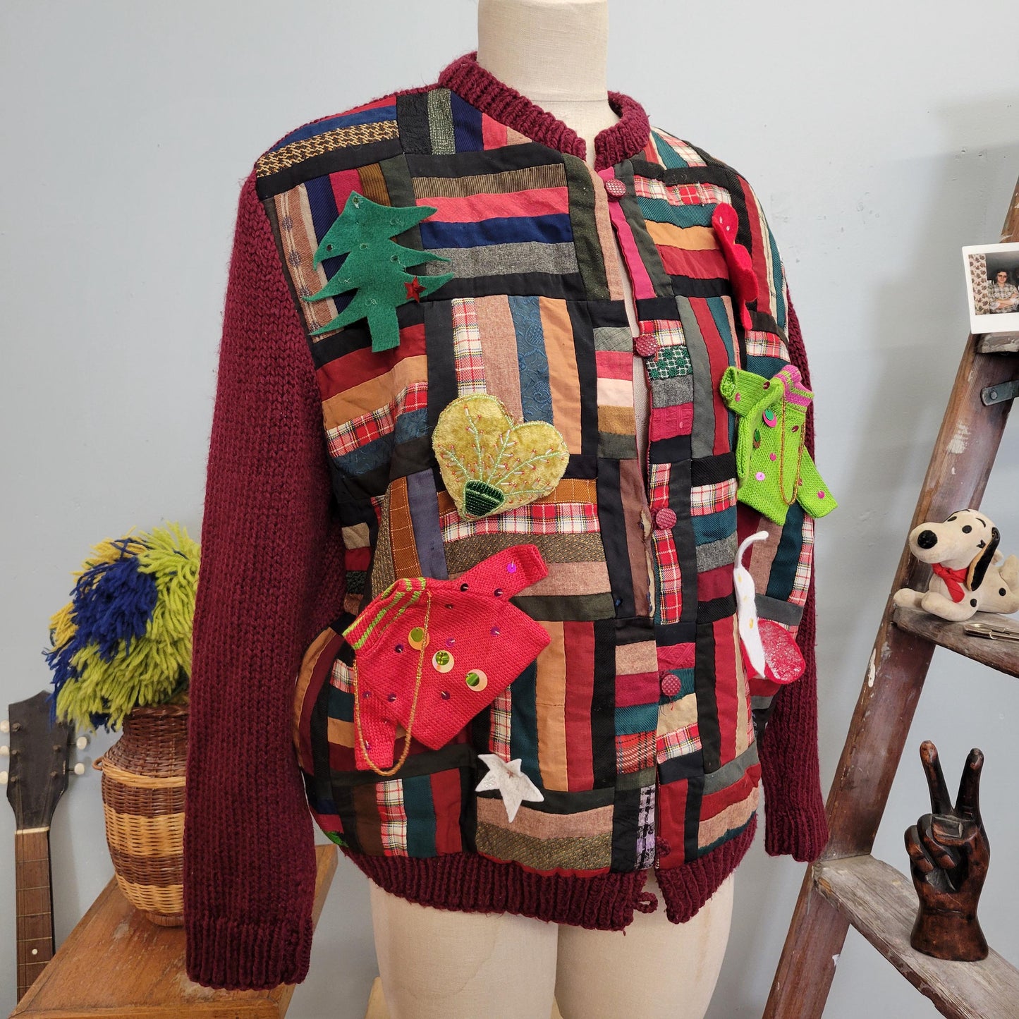 vtg 70s HANDMADE HOLIDAY SWEATER // vintage large patchwork blanket cardigan original by darlene noerenberg large button up ugly xmas granny