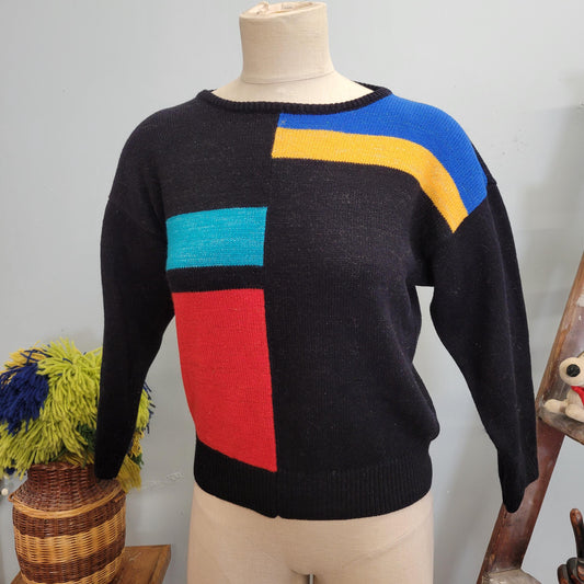 vtg 80s COLORBLOCK LUREX SWEATER // vintage dana scott medium womens cropped metallic knit mondrian primary colors autumn casual wear winter