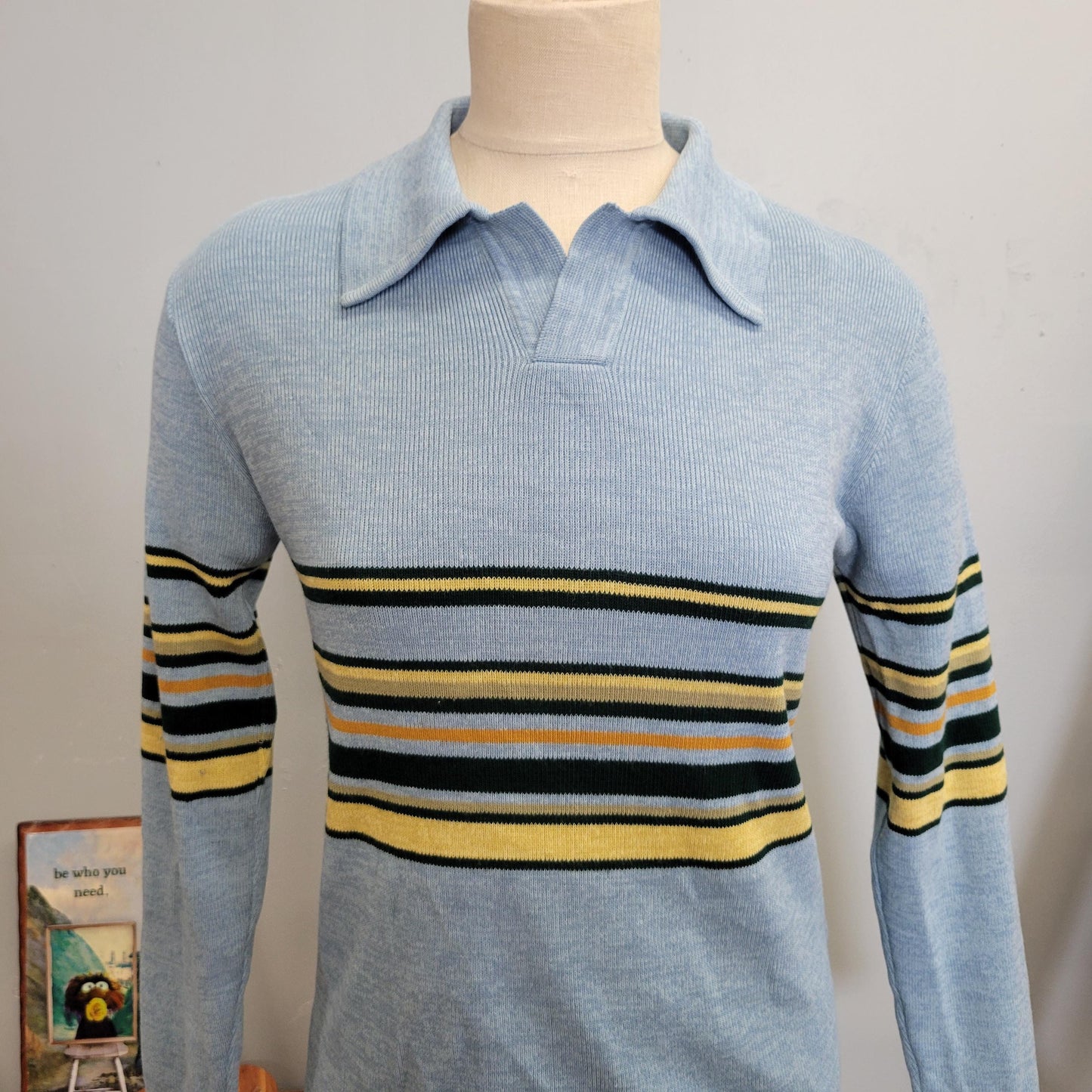 vtg 70s STRIPED COLLARED SWEATER // vintage medium womens retro baby blue yellow pointy collar kelso eric forman that 70s show mod hippie