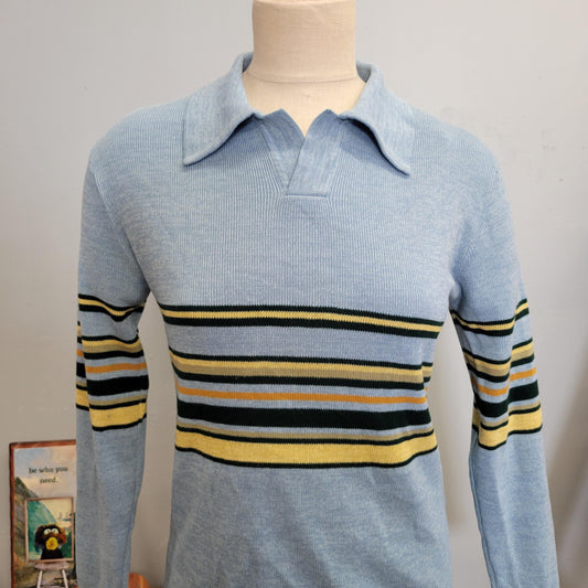vtg 70s STRIPED COLLARED SWEATER // vintage medium womens retro baby blue yellow pointy collar kelso eric forman that 70s show mod hippie