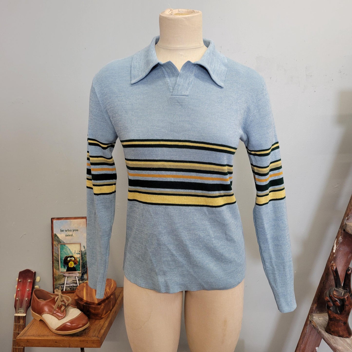 vtg 70s STRIPED COLLARED SWEATER // vintage medium womens retro baby blue yellow pointy collar kelso eric forman that 70s show mod hippie