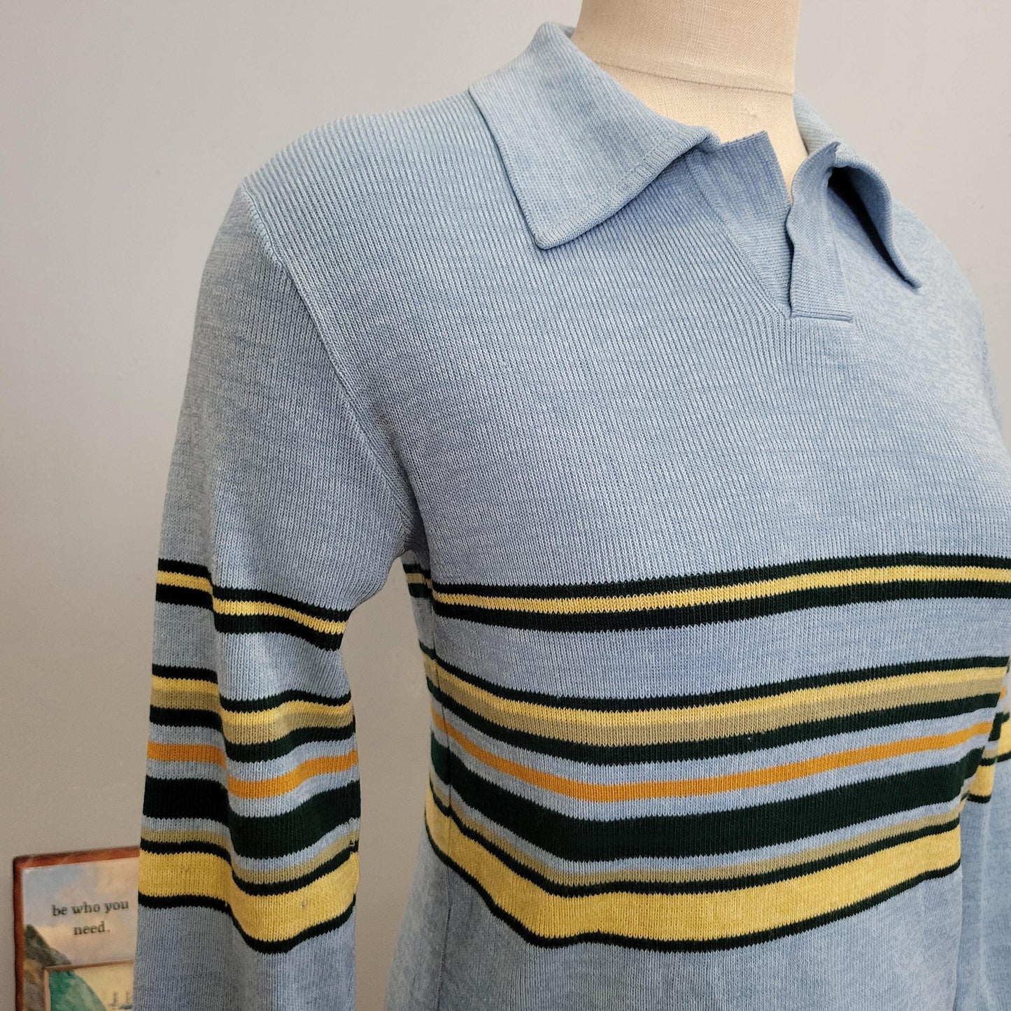 vtg 70s STRIPED COLLARED SWEATER // vintage medium womens retro baby blue yellow pointy collar kelso eric forman that 70s show mod hippie