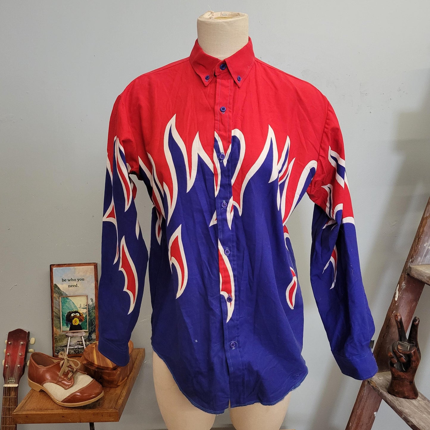 vtg 80s FLAMES BUTTONDOWN SHIRT // vintage brooks & dunn xl mens western retro cowboy country line dancing style nautical dress shirt