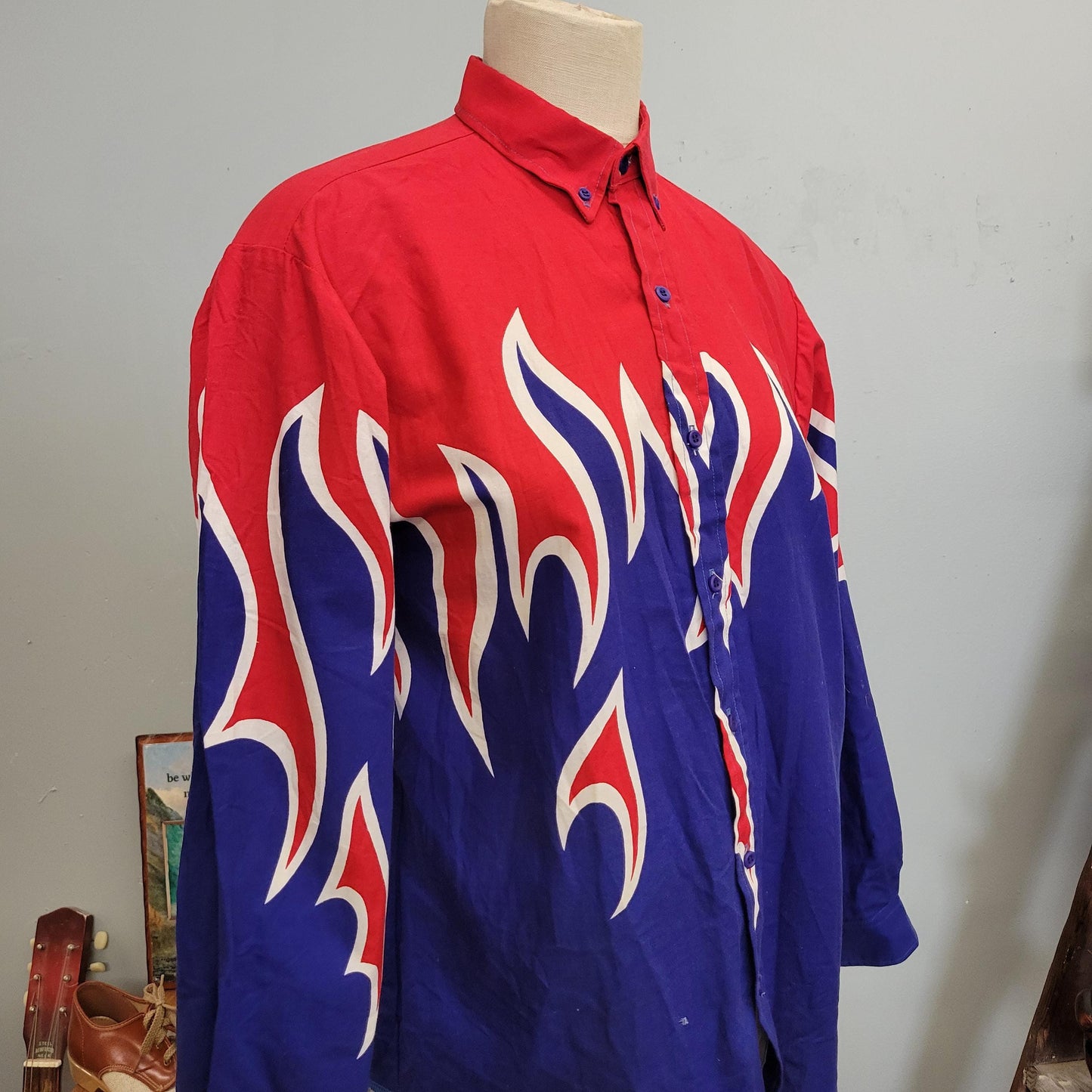 vtg 80s FLAMES BUTTONDOWN SHIRT // vintage brooks & dunn xl mens western retro cowboy country line dancing style nautical dress shirt