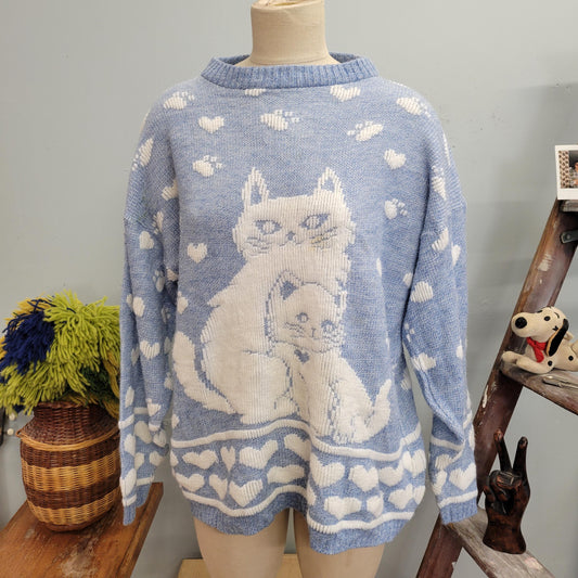 vtg 80s CUTE CAT SWEATER // vintage new addition xl womens pastel lavender kitty paws hearts all over print knit autumn winter style fashion