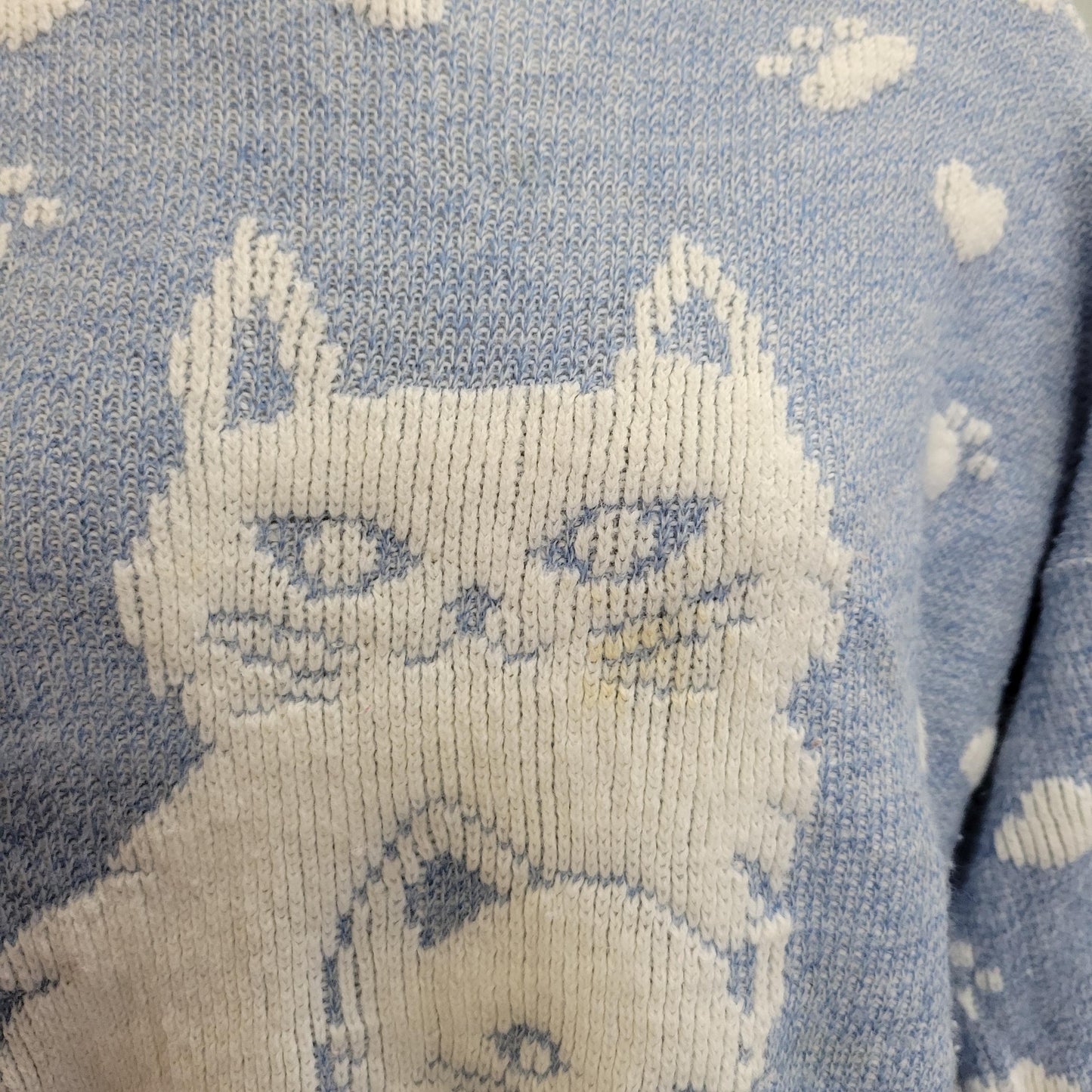 vtg 80s CUTE CAT SWEATER // vintage new addition xl womens pastel lavender kitty paws hearts all over print knit autumn winter style fashion