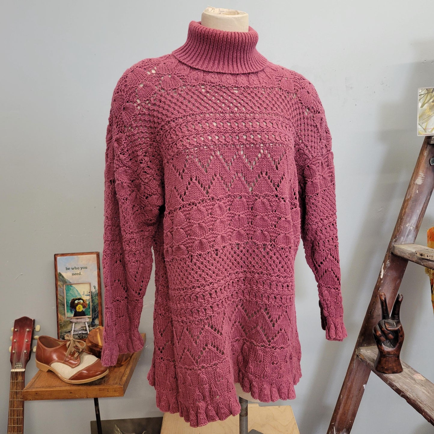 vtg 90s HAND KNIT SWEATER // vintage rosey mauve womens large oversized slouchy cowl neck slouchy sweater dress romantic casual cozy autumn