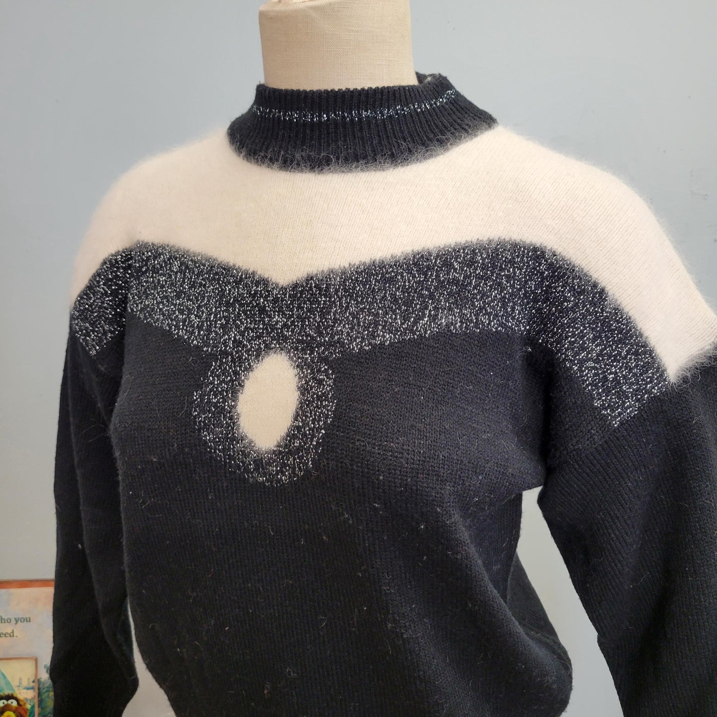 vtg 80s ANGORA SWEATER // vintage koret petites small womens furry black & white mock neck tapered cropped two tone lurex striped autumn top