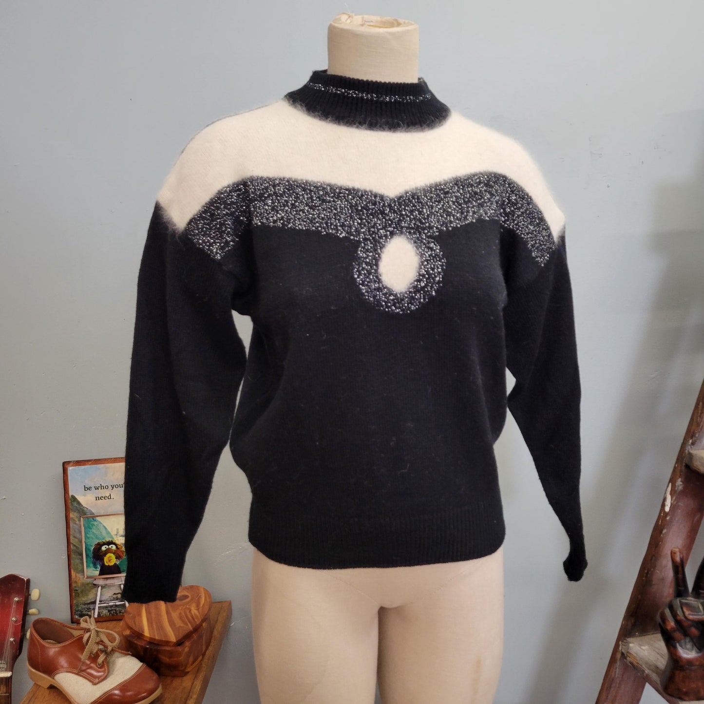 vtg 80s ANGORA SWEATER // vintage koret petites small womens furry black & white mock neck tapered cropped two tone lurex striped autumn top