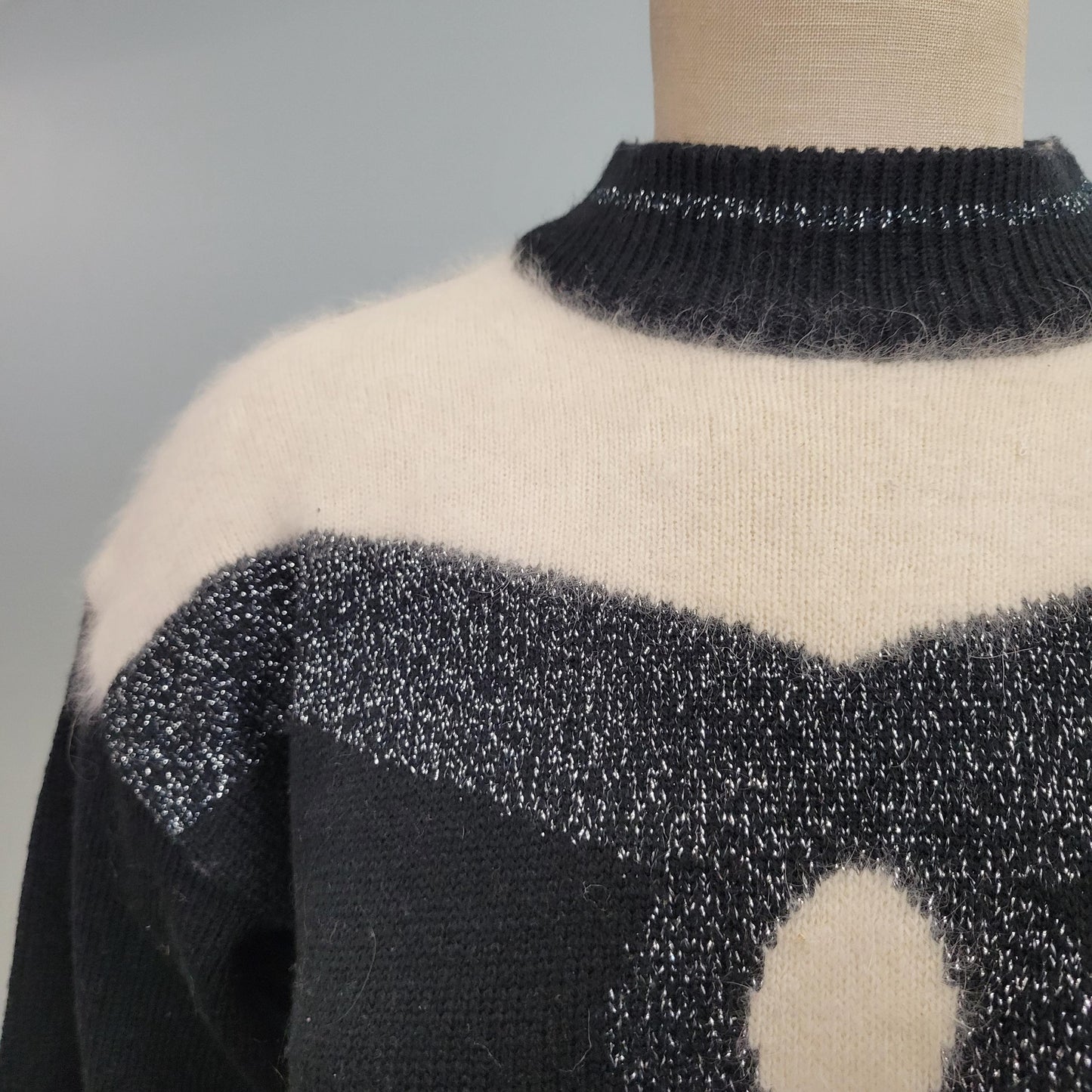 vtg 80s ANGORA SWEATER // vintage koret petites small womens furry black & white mock neck tapered cropped two tone lurex striped autumn top