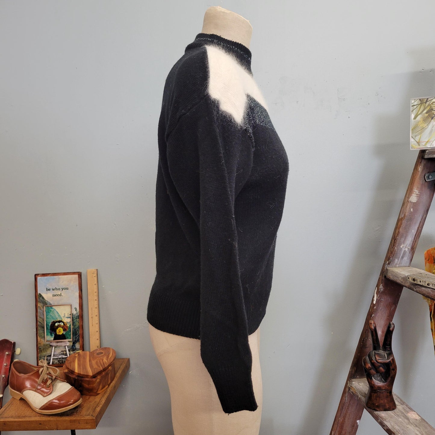 vtg 80s ANGORA SWEATER // vintage koret petites small womens furry black & white mock neck tapered cropped two tone lurex striped autumn top