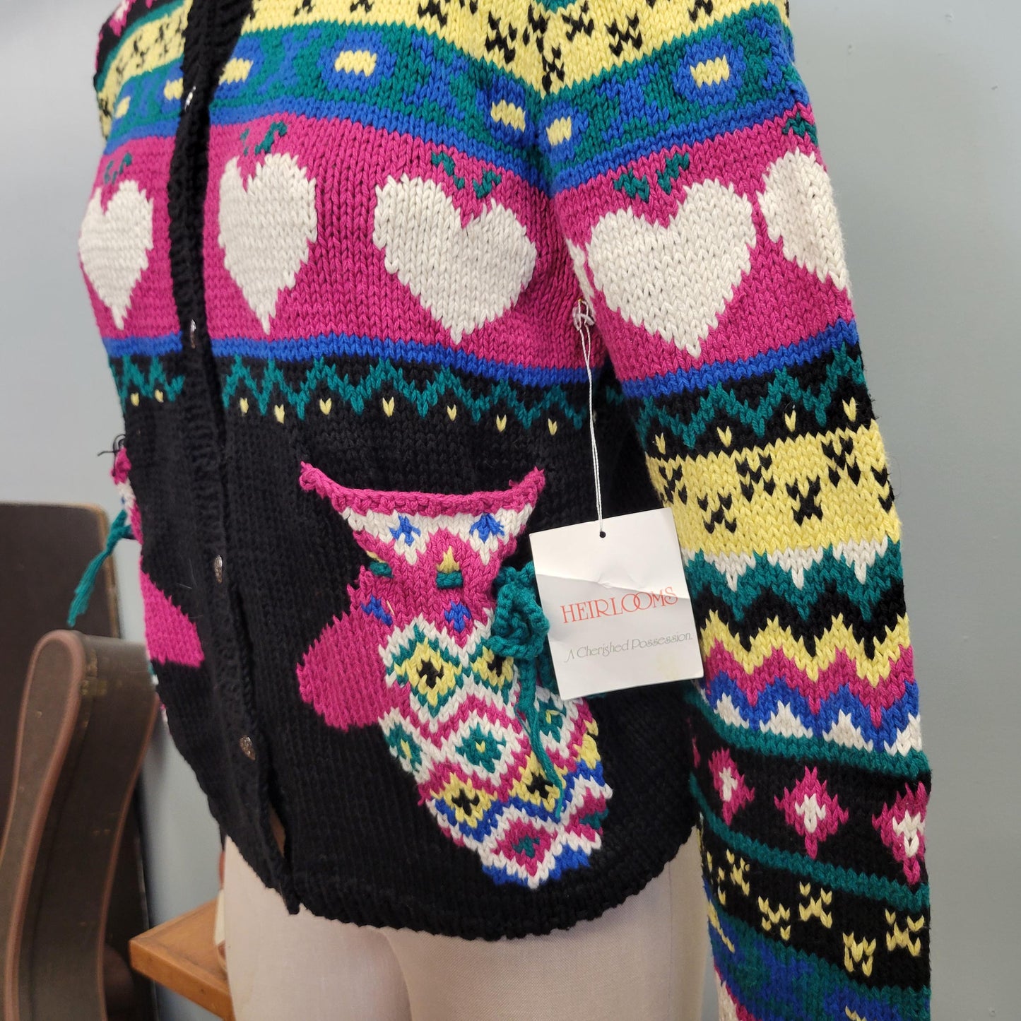 vtg 80s HEART MITTEN POCKETS Sweater // vintage small womens deadstock chunky xmas heirlooms festive winter abstract pattern hearts knit top