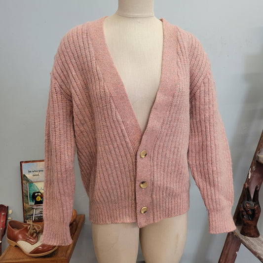 vtg 80s PASTEL MAUVE CARDIGAN // vintage womens large ribbed button up fuzzy thick chunky knit sweater warm cozy autumn winter oversized top