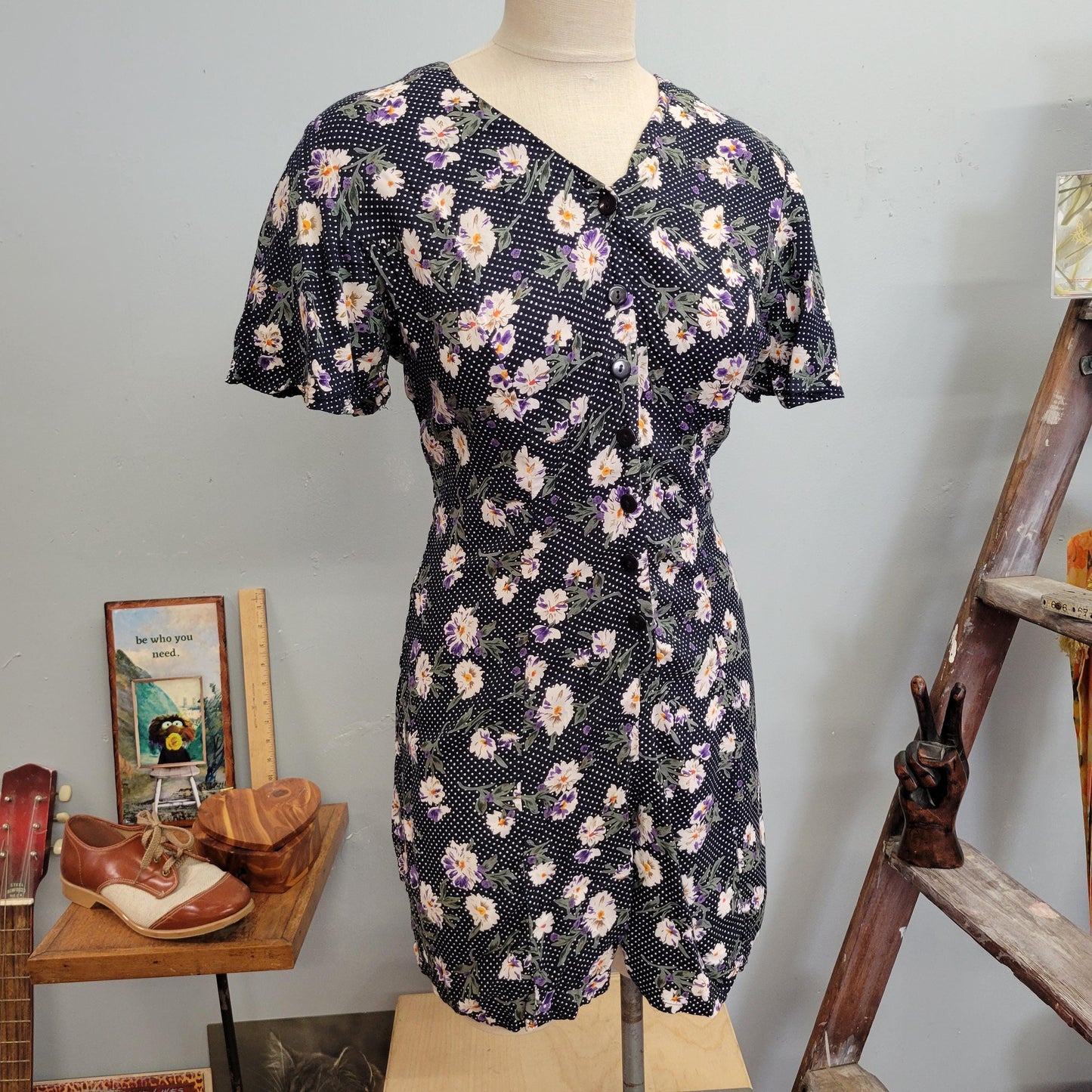 vtg 90s FLORAL RAYON ROMPER // vintage basic editions small v neck belted swiss dot cute flowy baby doll dress alternative doc martens dress