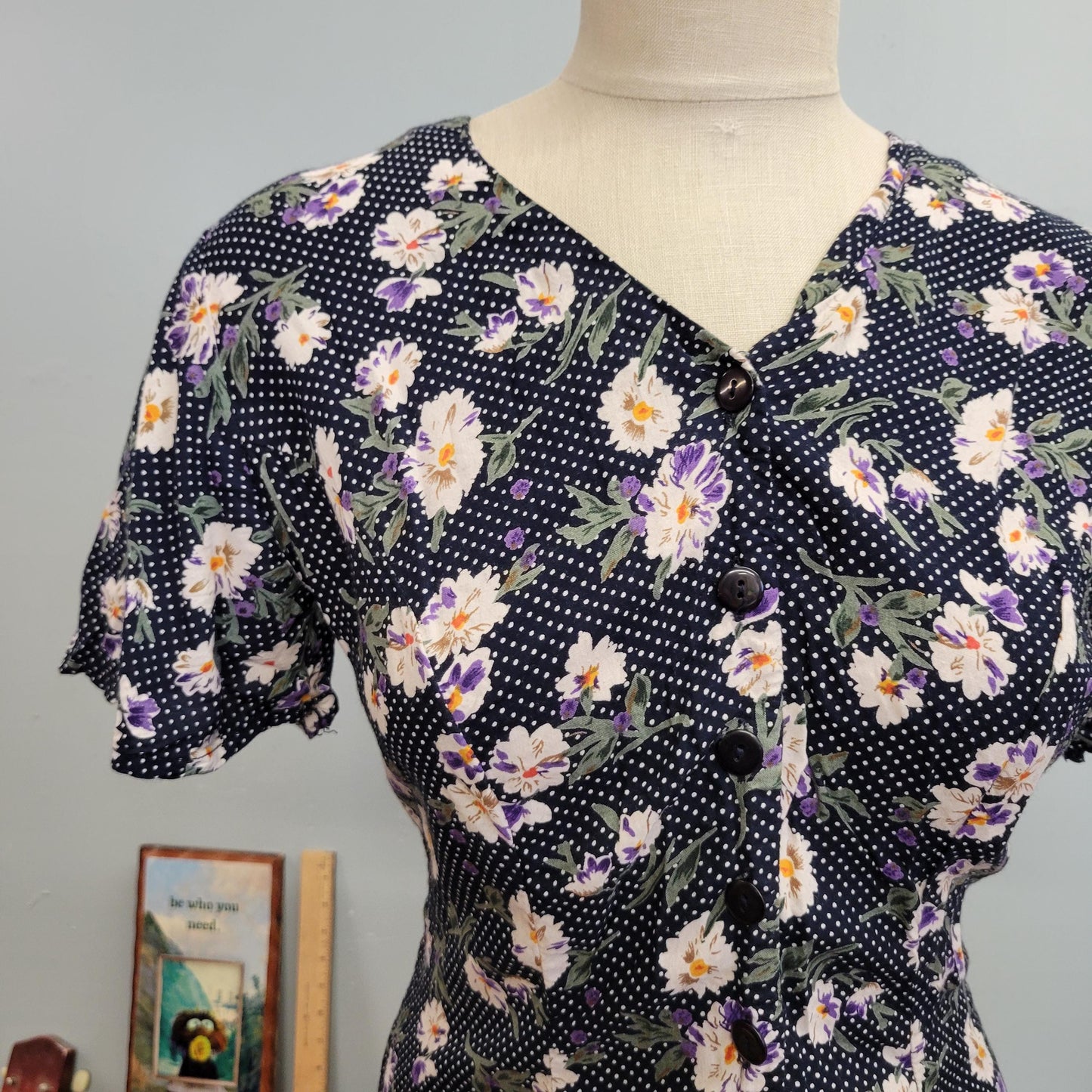 vtg 90s FLORAL RAYON ROMPER // vintage basic editions small v neck belted swiss dot cute flowy baby doll dress alternative doc martens dress