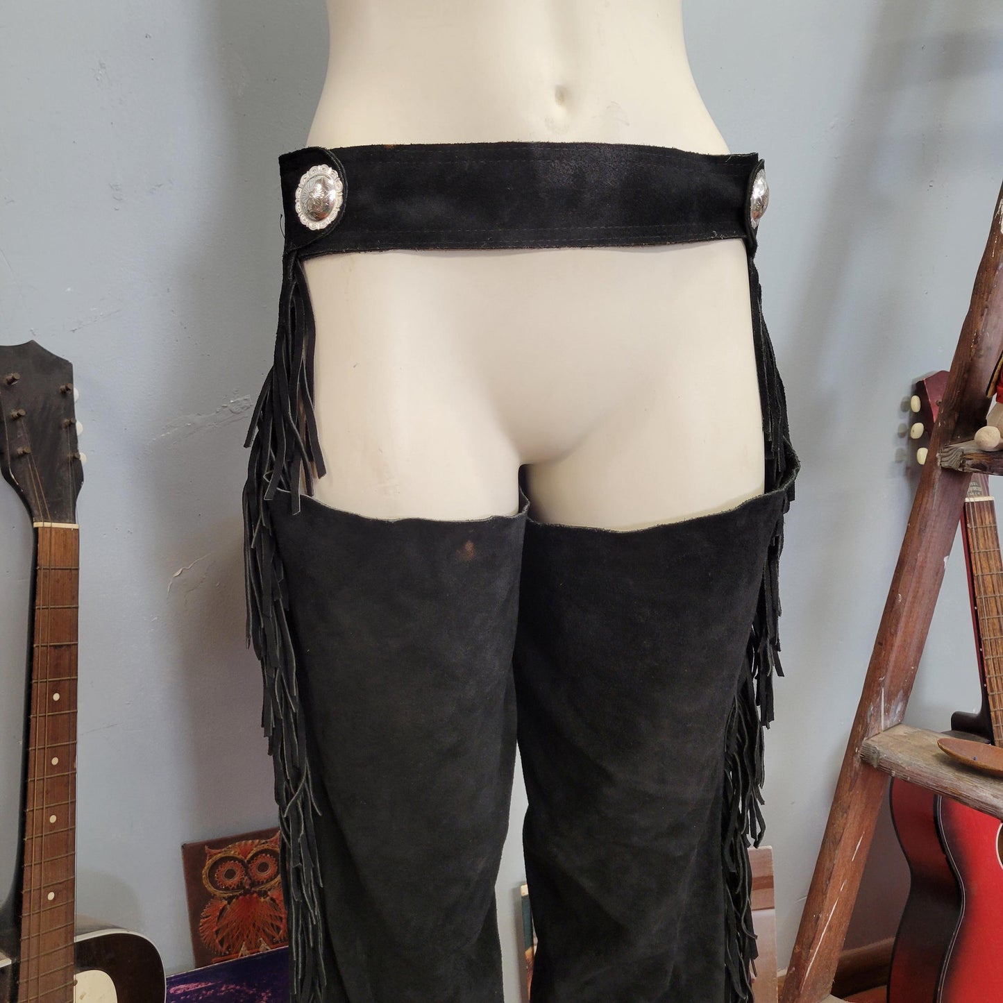 vtg 70s BLACK SUEDE FRINGE Chaps // vintage tassle riding show rodeo western biker babe sexy suede fringe pants autumn winter layers