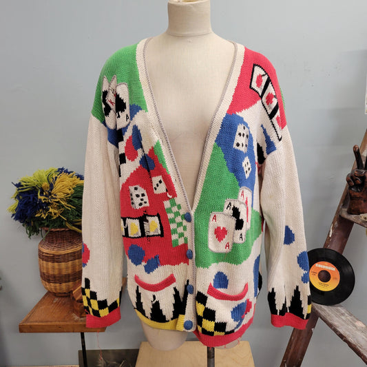 vtg 80s POKER HANDKNIT CARDIGAN // vintage homemade cardigan bay xl vegas casino gambling novelty knit sweater funky oversized playing cards