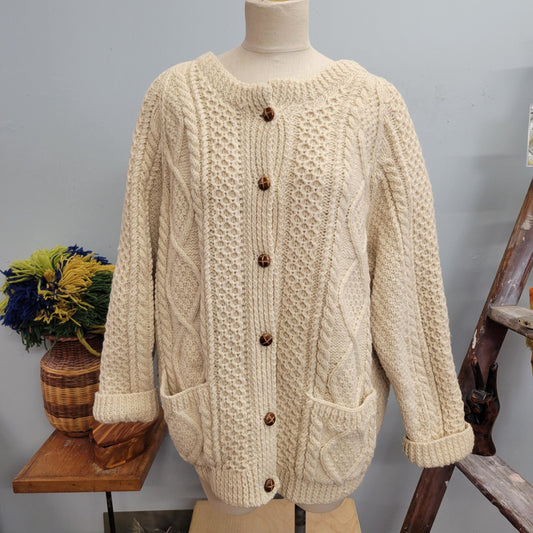 vtg 80s CABLE KNIT CARDIGAN // vintage xl wool sweater purple heather handknit ireland fisherman sweater thick chunky warm winter cottage