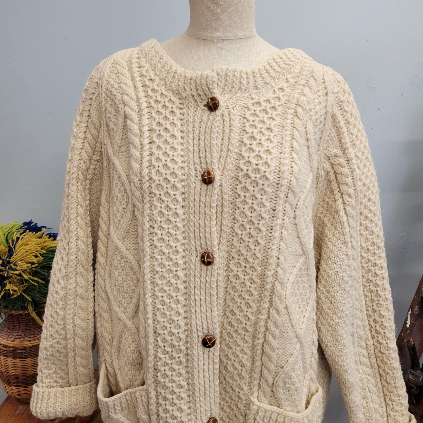 vtg 80s CABLE KNIT CARDIGAN // vintage xl wool sweater purple heather handknit ireland fisherman sweater thick chunky warm winter cottage