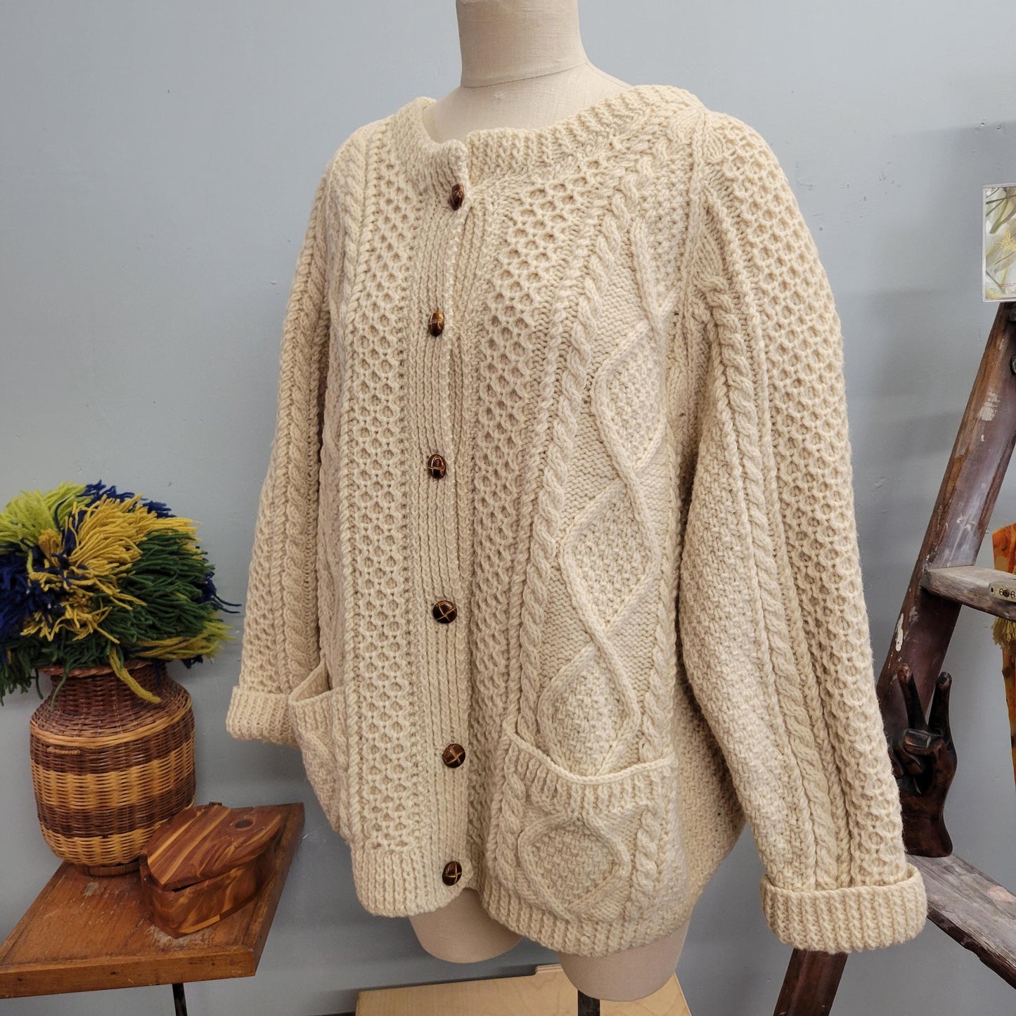 vtg 80s CABLE KNIT CARDIGAN // vintage xl wool sweater purple heather handknit ireland fisherman sweater thick chunky warm winter cottage