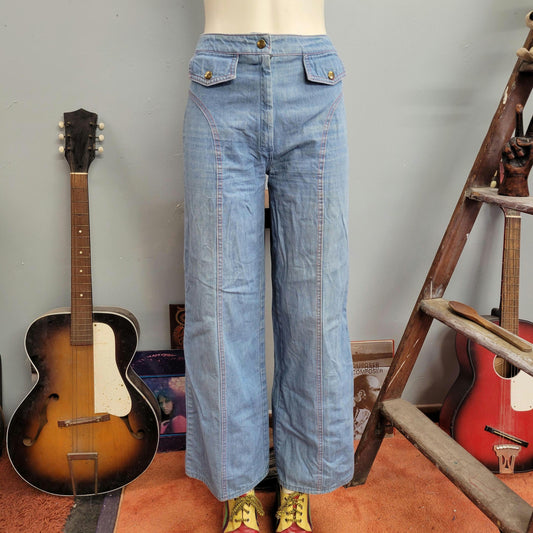 vtg 70s SEARS JEANS // vintage light wash denim size 12/27 womens high rise seat stitch patchwork wide leg boot cut kick flares hippie fall