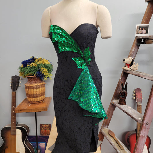 vtg 70s STRAPLESS SEQUIN GOWN / vintage gorgeous loralie size 10 womens sweetheart green art deco black brocade evening gown sexy xmas party