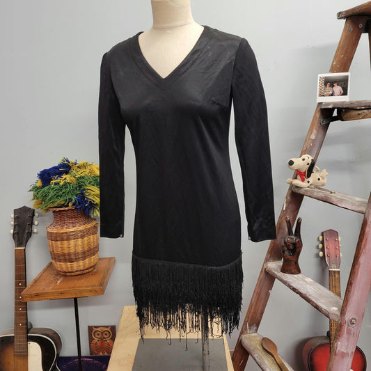 vtg 70s BLACK FRINGE DRESS // vintage flapper style long sleeve womens medium little black dress cocktail xmas party vneck retro mini dress
