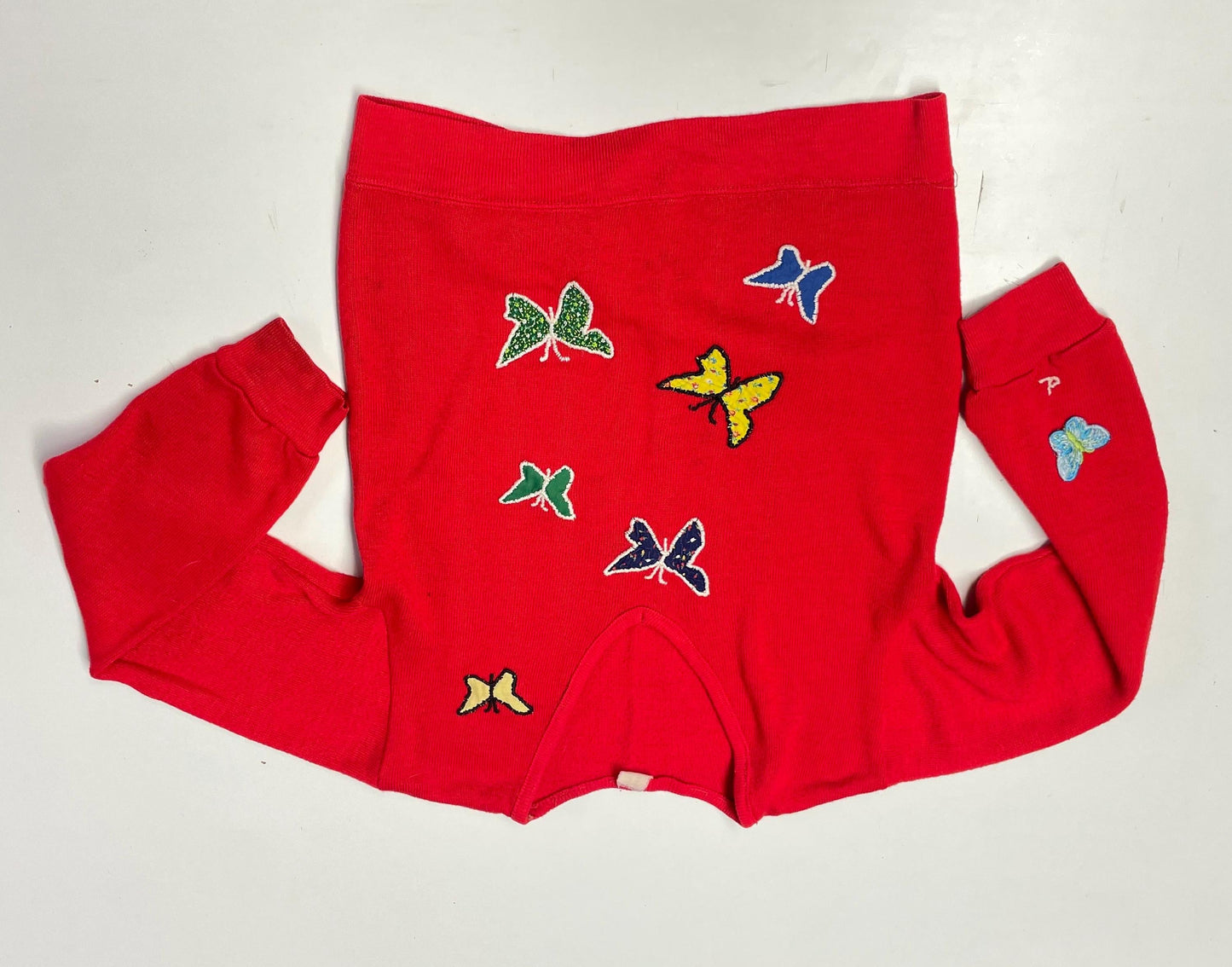 vtg 70s PATCHWORK BUTTERLY SWEATER // vintage red v neck scoop hippie mod autumn retro style embroidered applique patterned cropped sweater