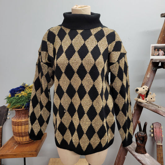 vtg 80s GOLD LUREX SWEATER // vintage silvercord large turtleneck metallic knit diamind checkered funky glitter new years holiday party top