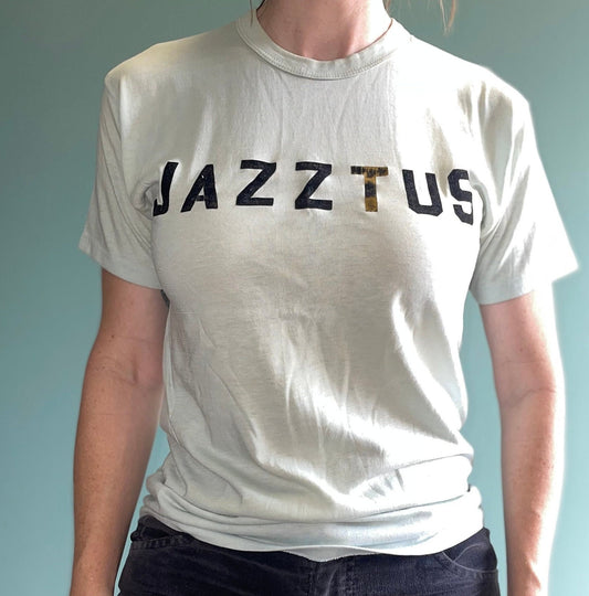 vtg 70s  JAZZTUS CAMP TEE // vintage ebert medium unisex iron on nickname retro kickball sports team player spell out letters slogan tee