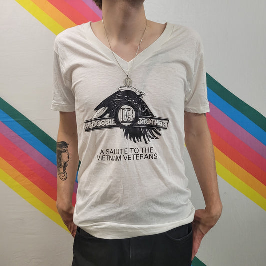 vtg 70s DOOBIE BROTHERS BAND shirt // vintage salute vietnam veterans vneck classic rock tee usa paper thin single stitch allman bros medium